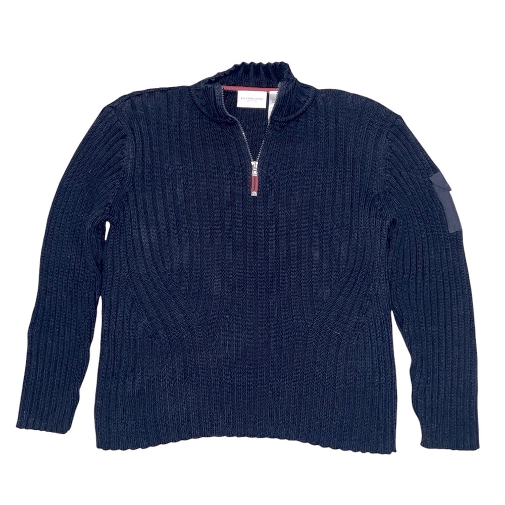 Liz Claiborne Navy Blue Rib Knit 1/4 Zip Cotton Sweater Large EUC